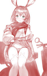 Rule 34 | 1girl, absurdres, amiya (arknights), amiya (fresh fastener) (arknights), animal ear legwear, animal ears, arknights, clothes lift, green eyes, hair between eyes, highres, jacket, lifting own clothes, long sleeves, looking at viewer, monochrome, motor vehicle, nurami (shouji), official alternate costume, panties, pleated skirt, rabbit ear legwear, rabbit ears, scarf, scooter, simple background, skirt, skirt lift, solo, spot color, striped clothes, striped panties, thighhighs, underwear, white background