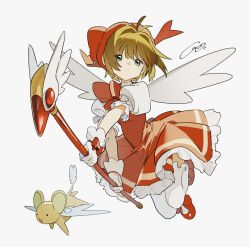 Rule 34 | 1girl, 1other, bow, brown hair, cardcaptor sakura, dress, gloves, green eyes, highres, holding, holding staff, kero (cardcaptor sakura), kinomoto sakura, red bow, red dress, red footwear, red headwear, shirt, short hair, signature, staff, thighhighs, two pokemon, white background, white gloves, white shirt, white thighhighs, white wings, wings