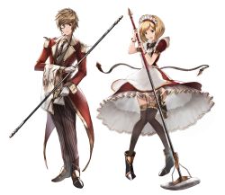 Rule 34 | 10s, 1boy, 1girl, absurdres, alternate costume, ankle boots, apron, armlet, black footwear, black necktie, black pants, black thighhighs, blonde hair, boots, bracelet, brown eyes, brown hair, butler, coat, collared shirt, djeeta (granblue fantasy), dress, frills, full body, garter straps, gloves, gran (granblue fantasy), granblue fantasy, gun, heart, highres, holding, holding gun, holding weapon, jewelry, knees together feet apart, long sleeves, maid, maid headdress, matsuo shogo, monocle, necktie, official style, pants, puffy short sleeves, puffy sleeves, red dress, red eyes, shirt, shoes, short hair, short sleeves, simple background, staff, striped clothes, striped pants, thigh gap, thighhighs, towel, vest, weapon, white background, white gloves, white shirt, zettai ryouiki