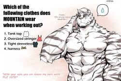 Rule 34 | 1boy, abs, animal ears, arknights, artist request, bara, commentary request, english text, facial hair, furry, furry male, goatee, highres, korean commentary, large pectorals, looking at viewer, male focus, mountain (arknights), muscular, muscular male, nipples, nude, one eye closed, pectorals, scar, scar across eye, scar on arm, short hair, solo, stomach, sweatdrop, thick eyebrows, tiger boy, tiger ears, upper body, white hair