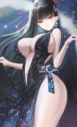 Rule 34 | 1girl, absurdres, black dress, black hair, blue archive, bracelet, breasts, dress, earrings, egoswans, halo, highres, jewelry, large breasts, long hair, navel, plunging neckline, red eyes, rio (blue archive), side slit, solo, thighs, very long hair