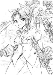 Rule 34 | &gt;:d, 2girls, :d, animal ears, bad id, bad pixiv id, cat ears, charlotte lueder, cowboy shot, dakku (ogitsune), friederike porsche, garrison cap, greyscale, gun, hair bun, hat, holding, holding weapon, long hair, long sleeves, looking at viewer, luftwaffe, machine gun, machinery, mg 34, military, military vehicle, monochrome, motor vehicle, multiple girls, necktie, open mouth, outdoors, palm tree, panties, scar, shirt, short hair, simple background, single hair bun, smile, standing, strike witches, striker unit, tail, tank, tiger i, tree, unbuttoned, underwear, uniform, v-shaped eyebrows, vehicle, weapon, wehrmacht, white background, wolf ears, world witches series