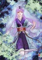 Rule 34 | 1girl, absurdres, asymmetrical sleeves, black background, dress, falling leaves, floating, from above, hair ornament, highres, leaf, long hair, lying, nan feng luelue, on back, purple dress, purple eyes, purple hair, qinshi mingyue, second-party source, shao siming (qin shi ming yue), solo, thighhighs, upper body, vegetation, water