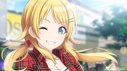 Rule 34 | 1girl, ahoge, blonde hair, blue eyes, blurry, blurry background, blush, bokeh, breasts, cleavage, depth of field, game cg, gold necklace, grin, hachimiya meguru, hair flaps, hair ornament, hairclip, idolmaster, idolmaster shiny colors, jewelry, light particles, long hair, looking at viewer, low twintails, medium breasts, necklace, official art, one eye closed, outdoors, plaid, plaid shirt, red shirt, shirt, sidelocks, smile, solo, sparkle, star (symbol), star hair ornament, sunlight, tank top, twintails, upper body, white tank top