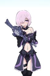Rule 34 | 1girl, adapted costume, armor, bare shoulders, blush, breasts, cleavage, clothing cutout, cowboy shot, depo (typebaby505), detached collar, elbow gloves, embarrassed, fate/grand order, fate (series), gloves, gradient background, hair over one eye, holding, large breasts, magical girl, mash kyrielight, midriff, navel, navel cutout, open mouth, purple armor, purple eyes, purple gloves, purple hair, purple skirt, shield, short hair, showgirl skirt, simple background, skirt, solo, sweatdrop, thigh strap, thighhighs, white background