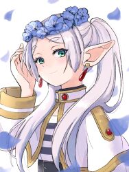 Rule 34 | 1girl, capelet, closed mouth, commentary request, drop earrings, earrings, elf, eyelashes, frieren, gold trim, green eyes, head wreath, highres, jewelry, long hair, parted bangs, pointy ears, saki pokeoekaki, smile, solo, sousou no frieren, twintails, upper body, white background, white capelet, white hair