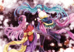 Rule 34 | 2girls, aqua hair, aqua skirt, bare shoulders, black bow, black footwear, blue kimono, boots, bow, breasts, bug, butterfly, cleavage, eye contact, female focus, floating hair, frilled sleeves, frills, full body, hair bow, hair ornament, hand up, hatsune miku, insect, japanese clothes, kimono, long hair, long skirt, long sleeves, looking at another, magnet (vocaloid), medium breasts, megurine luka, multiple girls, neck, obi, off shoulder, pink hair, purple skirt, red kimono, sash, shinhwe, skirt, thigh boots, thighhighs, twintails, very long hair, vocaloid, wide sleeves, yuri