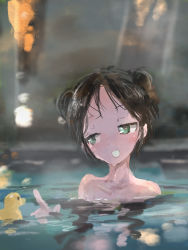 Rule 34 | 1girl, alternate costume, bathing, black hair, blurry, collarbone, depth of field, double bun, fang, francesca lucchini, green eyes, grin, hair up, highres, kabuyama kaigi, looking to the side, nude, onsen, reflection, rubber duck, sketch, smile, solo, strike witches, upper body, water, wet, wet hair, world witches series