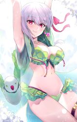 Rule 34 | 1girl, armlet, armpits, arms behind head, arms up, bare shoulders, bikini, bird, blush, braid, braided ponytail, breasts, cleavage, collarbone, earrings, fate/grand order, fate (series), flower, fufufu hehehe, green bikini, green vest, hair flower, hair ornament, hair ribbon, highres, hood, hooded vest, hoodie, jewelry, kama (fate), kama (swimsuit avenger) (fate), kama (swimsuit avenger) (second ascension) (fate), large breasts, long hair, looking at viewer, lotus, navel, necklace, parakeet, parrot, pendant, ribbon, smile, solo, stomach, swimsuit, thighs, vest