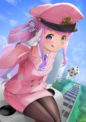 Rule 34 | 1girl, alternate costume, black pantyhose, blue sky, blush, breasts, cabbie hat, candy hair ornament, closed mouth, cloud, cloudy sky, collared shirt, commentary, day, dice, dress shirt, food-themed hair ornament, gloves, gradient hair, green eyes, hair ornament, hair rings, hat, heterochromia, highres, himemori luna, hololive, jacket, lens flare, licking lips, long hair, long sleeves, looking at viewer, miniskirt, momotarou dentetsu, multicolored hair, necktie, outdoors, oversized object, pantyhose, pink hair, pink hat, pink jacket, pink skirt, purple eyes, purple hair, purple necktie, railroad tracks, salute, shirt, side ponytail, sitting, skirt, skirt set, sky, small breasts, smile, solo, tongue, tongue out, two-tone hair, uniform, virtual youtuber, white gloves, white shirt, wing collar, yamasan ossan