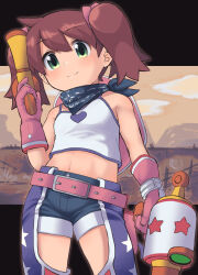 Rule 34 | 1girl, bandana, bare shoulders, blue shorts, breasts, brown hair, camisole, chaps, closed mouth, commentary request, crop top, gloves, green eyes, hair between eyes, highres, holding, letterboxed, looking at viewer, m.m, midriff, navel, pink gloves, saru getchu, sayaka (saru getchu), short shorts, shorts, small breasts, smile, solo, standing, twintails, white camisole