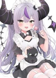 Rule 34 | 1girl, alternate costume, alternate hairstyle, apron, black horns, black nails, braid, braided bangs, candy, cleavage cutout, clothing cutout, crow (la+ darknesss), fang, food, garter straps, grey hair, heart, heart in eye, highres, holding, holding candy, holding food, holding lollipop, hololive, horns, la+ darknesss, lollipop, long hair, maid, maid apron, maid headdress, multicolored hair, nocchi (r ws2l), pointy ears, purple hair, skin fang, streaked hair, striped horns, symbol in eye, thighhighs, tongue, tongue out, twintails, virtual youtuber, white garter straps, white thighhighs