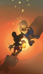 Rule 34 | 2boys, animal ears, baggy pants, blouse, blue pants, boots, crossed arms, full body, gloves, hair between eyes, highres, holding, holding lantern, kingdom hearts, lantern, medium hair, mickey mouse, mikuroron, mouse ears, mouse tail, multiple boys, pants, red pants, riku (kingdom hearts), shadow, shirt, short sleeves, silver hair, sitting, sleeveless, sleeveless shirt, tail, white gloves, wristband, yellow shirt