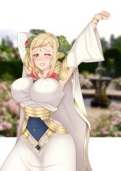 Rule 34 | 1girl, absurdres, arms up, blonde hair, blush, breasts, cape, commentary, commission, covered erect nipples, cryptid crab, detached sleeves, dress, english commentary, fire emblem, fire emblem heroes, flower, gradient hair, green eyes, grin, hair flower, hair ornament, henriette (fire emblem), highres, huge breasts, jewelry, lips, looking at viewer, multicolored hair, nintendo, official alternate costume, one eye closed, pink hair, rose, short hair, sidelocks, smile, solo, stretching, twitter username, white cape, wide hips, wide sleeves