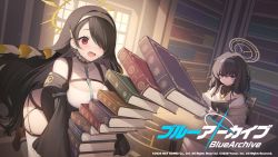 Rule 34 | 2girls, black hair, black headwear, blue archive, blush, book, book stack, breasts, chair, detached sleeves, dress, dropping, earrings, habit, hair between eyes, hair over one eye, hairband, halo, hinata (blue archive), jewelry, large breasts, library, logo, long hair, miko (royal milk), multiple girls, necklace, official art, open mouth, red eyes, sailor collar, school uniform, serafuku, sitting, skindentation, sweat, table, thighhighs, ui (blue archive), very long hair, white legwear, white sailor collar, wide sleeves, window