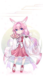 Rule 34 | 1girl, :o, absurdres, aged down, animal ears, child, cup, flip-flops, fox ears, gou lianlian dogface, hair between eyes, hand fan, highres, holding, holding cup, honkai (series), honkai impact 3rd, japanese clothes, kimono, long hair, looking at viewer, okobo, open mouth, pink hair, purple eyes, sandals, solo, standing, twintails, white background, white kimono, white legwear, yae sakura