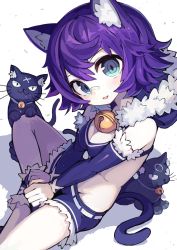 Rule 34 | 1girl, :3, animal ears, bandaid, bandaid on face, bandaid on nose, bare shoulders, bell, black cat, blue eyes, cat, cat ears, cat tail, commentary, detached sleeves, fur trim, highres, hood, hood down, indian style, jingle bell, ketopon, long sleeves, looking at viewer, original, purple hair, purple shorts, shoes, short hair, short shorts, shorts, sitting, slit pupils, smile, solo, tail, v arms