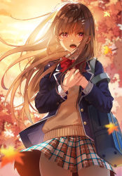 Rule 34 | 1girl, autumn, backlighting, bag, blazer, blue jacket, blush, bow, bowtie, brown hair, brown skirt, commentary request, crying, crying with eyes open, evening, falling leaves, floating hair, highres, jacket, leaf, long hair, long sleeves, maple leaf, miniskirt, open clothes, open jacket, open mouth, original, outdoors, own hands together, pink eyes, plaid, plaid skirt, pleated skirt, red bow, red bowtie, school bag, school uniform, skirt, solo, sparkle, sunlight, sunset, tears, unbuttoned, unjem, very long hair, wind