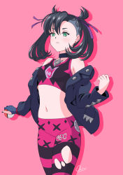 Rule 34 | 1girl, absurdres, asymmetrical bangs, black jacket, black nails, breasts, choker, cowboy shot, creatures (company), earrings, fingerless gloves, game freak, gloves, green eyes, groin, gym leader, hair ribbon, highres, holding, holding poke ball, jacket, jewelry, lips, looking ahead, marnie (pokemon), midriff, nail polish, navel, nintendo, off-shoulder jacket, off shoulder, onitori, pants, pendant choker, pink background, poke ball, poke ball (basic), pokemon, pokemon swsh, purple ribbon, ribbon, shadow, signature, simple background, single fingerless glove, single glove, small breasts, solo, sports bra, tight clothes, tight pants, torn clothes, torn pants, twintails, two side up