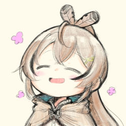 Rule 34 | 1girl, ^ ^, beige background, blush, brown cloak, brown hair, chibi, cloak, closed eyes, feather hair ornament, feathers, hair ornament, highres, hololive, hololive english, hood, hooded cloak, long hair, nanashi mumei, open mouth, ponytail, portrait, smile, solo, virtual youtuber, wakatsuki misato, yellow background