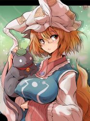 Rule 34 | 1girl, animal hat, bell, bespectacled, breasts, chen, chen (cat), collar, covered erect nipples, fox tail, glasses, hat, jingle bell, large breasts, long sleeves, mob cap, multiple tails, neck bell, ofuda, orange hair, red eyes, revision, ryuno, short hair, solo, tabard, tail, touhou, two tails, yakumo ran