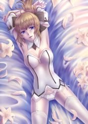 Rule 34 | 1girl, ahoge, armpits, arms behind head, artoria pendragon (fate), bad id, bad pixiv id, blonde hair, blue eyes, bow, bow panties, breasts, cleavage, corset, detached collar, fate/stay night, fate/unlimited codes, fate (series), flower, garter straps, highres, lace, lace-trimmed legwear, lace trim, lily (flower), lying, medium breasts, on back, panties, saber (fate), saber lily, solo, tarosuke (oriya), thighhighs, underwear
