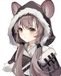 Rule 34 | 1girl, animal ears, arknights, blush, capelet, commentary request, fur-trimmed capelet, fur-trimmed hood, fur trim, grey capelet, grey hair, highres, honeyberry (arknights), hood, hooded capelet, long hair, low twintails, mouse ears, parted lips, simple background, solo, twintails, upper body, white background, yellow eyes, yunweishukuang