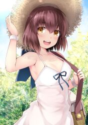 Rule 34 | 1girl, arm up, bag, blue ribbon, blush, breasts, brown eyes, brown hair, cleavage, day, dress, hand on headwear, hat, highres, kantai collection, kuromayu, looking at viewer, medium breasts, open mouth, outdoors, ribbon, short hair, shoulder bag, sky, sleeveless, sleeveless dress, solo, straw hat, sundress, white dress, yukikaze (kancolle)