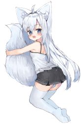 Rule 34 | 1girl, absurdres, ahoge, animal ear fluff, animal ears, bare arms, bare shoulders, between legs, black skirt, blue eyes, blush, camisole, fox ears, fox girl, fox tail, hair between eyes, highres, hugging own tail, hugging tail, kneeling, long hair, looking at viewer, looking to the side, no shoes, open mouth, original, ping myu ring (tandohark), pleated skirt, silver hair, simple background, skindentation, skirt, soles, solo, tail, tail between legs, tandohark, thighhighs, very long hair, white background, white camisole, white thighhighs