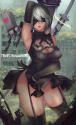Rule 34 | 1girl, absurdres, arm behind head, arm up, armpits, black dress, black gloves, black thighhighs, blindfold, breasts, building, cleavage, contrapposto, copyright name, covered erect nipples, ctrlz77, detached sleeves, dress, flower, garter straps, gloves, head tilt, highres, looking at viewer, medium breasts, mole, mole under mouth, nier (series), nier:automata, parted lips, plant, pod (nier:automata), robot, short hair, sleeveless, sleeveless dress, sleeves past wrists, solo, standing, sword, thighhighs, thighs, weapon, white hair, 2b (nier:automata)