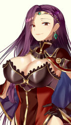 Rule 34 | 1girl, black gloves, blush, breasts, brown eyes, chocojax, circlet, cleavage, closed mouth, dress, earrings, fire emblem, fire emblem echoes: shadows of valentia, forehead, gloves, highres, jewelry, large breasts, long hair, looking at viewer, nintendo, purple hair, red dress, smile, sonya (fire emblem gaiden)