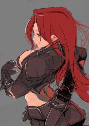 Rule 34 | 1girl, ass, breasts, cropped jacket, green eyes, higa norio, highres, katarina (league of legends), large breasts, league of legends, long hair, midriff, red hair, sketch, solo