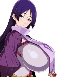 Rule 34 | 1girl, blush, bodysuit, breasts, closed mouth, fate/grand order, fate (series), high collar, highres, huge breasts, jabara tornado, long hair, long sleeves, looking at viewer, minamoto no raikou (fate), parted bangs, purple bodysuit, purple eyes, purple hair, ribbed sleeves, rope, simple background, smile, tabard, very long hair, white background