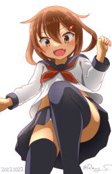 Rule 34 | 1girl, black sailor collar, black skirt, black thighhighs, brown eyes, brown hair, commentary request, cowboy shot, fang, hair ornament, hairclip, ikazuchi (kancolle), kantai collection, looking at viewer, neckerchief, one-hour drawing challenge, open mouth, panties, ray.s, red neckerchief, sailor collar, school uniform, serafuku, short hair, simple background, skin fang, skirt, smile, solo, thighhighs, underwear, white background, white panties