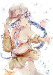 Rule 34 | 1girl, absurdres, animal, arm up, bare shoulders, baseball cap, bb (fate), bb (fate) (all), bb (swimsuit mooncancer) (fate), bb (swimsuit mooncancer) (first ascension) (fate), bikini, blush, braid, breasts, brown jacket, brown skirt, character name, cleavage, closed mouth, collarbone, commentary request, fate/grand order, fate (series), fingernails, hair between eyes, hanagin, hand on headwear, hat, highres, jacket, long hair, long sleeves, medium breasts, off shoulder, pleated skirt, puffy long sleeves, puffy sleeves, purple eyes, purple hair, sideways hat, simple background, single braid, skirt, smile, solo, star (symbol), starfish, swimsuit, very long hair, water drop, white background, white bikini, white hat