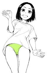 Rule 34 | 1girl, bare legs, cowboy shot, curled fingers, eyebrows, female focus, forehead, green panties, greyscale, highres, looking at viewer, looking down, monochrome, nakahara kaihei, nakahara keihei, ok sign, open mouth, panties, shirt, short hair, short sleeves, simple background, smile, solo, spot color, t-shirt, underwear, white background