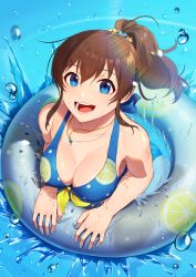 Rule 34 | 1girl, bare shoulders, bikini, blue eyes, blue nails, breasts, brown hair, cleavage, collarbone, from above, front-tie bikini top, front-tie top, highres, idolmaster, idolmaster million live!, idolmaster million live! theater days, innertube, jewelry, kamille (vcx68), lemon print, long hair, looking at viewer, medium breasts, nail polish, necklace, open mouth, partially submerged, ponytail, satake minako, sidelocks, smile, solo, splashing, swim ring, swimsuit, water