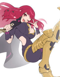 Rule 34 | 1girl, ;d, absurdres, armored boots, ass, belt, black bodysuit, black cape, blush, bodysuit, boots, breasts, cape, cleavage, cleavage cutout, clothing cutout, commentary request, dagger, fire emblem, fire emblem engage, gonzarez, highres, holding, holding dagger, holding knife, holding weapon, knife, large breasts, long hair, looking at viewer, nintendo, one eye closed, open mouth, red eyes, red hair, side cutout, simple background, smile, solo, star (symbol), teeth, upper teeth only, v, weapon, white background, yellow belt, yellow footwear, yunaka (fire emblem)