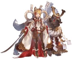 Rule 34 | 1girl, animal ears, blonde hair, braid, brown eyes, dog, dog ears, dog tail, full body, granblue fantasy, hair ornament, holding, holding weapon, japanese clothes, long sleeves, looking at viewer, minaba hideo, official art, open mouth, pantyhose, pelvic curtain, platform clogs, platform footwear, rope, sandals, sheath, shimenawa, short hair, smile, standing, sword, transparent background, vajra (granblue fantasy), weapon, wide sleeves