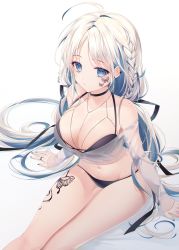 Rule 34 | 1girl, absurdres, ahoge, bare shoulders, bikini, black bikini, black choker, blue eyes, blue nails, braid, breasts, butterfly tattoo, choker, cleavage, closed mouth, crop top, expressionless, facial tattoo, highres, huge filesize, jewelry, large breasts, leg tattoo, long hair, looking at viewer, mole, mole on shoulder, nail polish, naru 0, navel, off-shoulder shirt, off shoulder, original, piercing, ring, see-through, shirt, silver hair, simple background, solo, swimsuit, tattoo, thighs, twitter username, very long hair, white background, white shirt