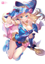 Rule 34 | 1girl, :q, aqua eyes, arm guards, arm up, bare shoulders, black gloves, blonde hair, blue dress, blue footwear, blue hat, blush stickers, boots, breasts, character name, cleavage, closed mouth, collarbone, covered navel, creature, dark magician girl, dress, duel monster, ekita kuro, fingerless gloves, gloves, hat, highres, jewelry, knee boots, large breasts, long hair, looking at viewer, nail polish, necklace, pink nails, sleeveless, sleeveless dress, smile, solo, strapless, strapless dress, thighs, tongue, tongue out, very long hair, wizard hat, yu-gi-oh!
