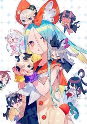 Rule 34 | 6+girls, ahoge, angelo, animal, animal ear fluff, animal ears, animal on head, arm up, arms up, black eyes, black hair, blonde hair, blue coat, blue eyes, blue hair, blush, blush stickers, borrowed character, bukurote, candy, carrot, character request, chibi, coat, collarbone, colored skin, cow, demon girl, demon tail, demon wings, closed eyes, floating, food, fox, fox on head, fur trim, grey hair, grin, hair between eyes, halo, heart, heart-shaped pupils, highres, holding, holding animal, holding candy, holding food, holding lollipop, horns, light blue hair, lollipop, long hair, long sleeves, looking at another, looking at viewer, multicolored hair, multiple girls, multiple tails, navel, on head, one eye closed, open mouth, original, patterned, patterned background, pink eyes, pink wings, pointy ears, purple eyes, purple hair, purple scrunchie, rabbit tail, red hair, red legwear, red skin, scrunchie, short hair, smile, stuffed carrot, symbol-shaped pupils, tail, thighhighs, tongue, triangle mouth, wide sleeves, wings, yellow eyes, yellow neckwear, yellow scrunchie