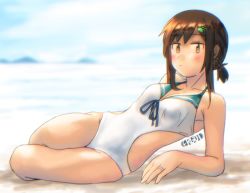Rule 34 | 1girl, adapted costume, artist name, beach, black hair, blurry, casual one-piece swimsuit, collarbone, day, depth of field, ergot, fubuki (kancolle), full body, hair ornament, hairclip, jewelry, kantai collection, looking at viewer, low ponytail, lying, on side, one-piece swimsuit, ponytail, ring, short ponytail, sidelocks, skirt, solo, swimsuit, wedding band, white one-piece swimsuit