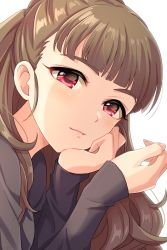 Rule 34 | 1girl, absurdres, black shirt, blunt bangs, brown hair, close-up, hair behind ear, hand on own cheek, hand on own face, hands up, highres, idolmaster, idolmaster cinderella girls, kamiya nao, long hair, long sleeves, looking at viewer, popon ta, portrait, red eyes, shirt, simple background, solo, thick eyebrows, white background