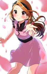 Rule 34 | 1girl, absurdres, black bow, black hairband, black shirt, blurry, blush, bow, bow hairband, brown eyes, brown hair, closed mouth, commentary request, depth of field, dress, falling petals, feet out of frame, frilled shirt, frills, hairband, hand up, highres, idolmaster, idolmaster (classic), leaning forward, long hair, looking at viewer, mashimaro tabetai, minase iori, neck ribbon, outstretched hand, petals, pink dress, reaching, reaching towards viewer, red ribbon, ribbon, see-through, shirt, sleeveless, sleeveless dress, smile, solo, split mouth, standing, white background