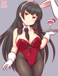 Rule 34 | 1girl, alternate costume, animal ears, bare shoulders, between breasts, black hair, black pantyhose, blush, breasts, cleavage, covered navel, cowboy shot, cup, detached collar, drinking glass, fake animal ears, hair ribbon, isokaze (kancolle), kanon (kurogane knights), kantai collection, large breasts, leotard, long hair, looking at viewer, necktie, necktie between breasts, one-hour drawing challenge, pantyhose, playboy bunny, rabbit ears, rabbit tail, red eyes, red leotard, ribbon, smile, solo, strapless, strapless leotard, tail, tray, tress ribbon, wrist cuffs