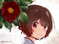 Rule 34 | 1girl, alternate costume, blurry, blush, closed mouth, commentary, depth of field, eriaru, flower, hair between eyes, japanese clothes, kantai collection, kimono, leaf, looking at viewer, mutsuki (kancolle), red eyes, red flower, red hair, short hair, smile, solo, twitter username, upper body, white kimono