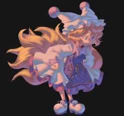 Rule 34 | 1girl, animal hat, artist name, black background, blonde hair, blue eyes, brooch, dress, fox tail, frilled dress, frills, galateam, hat, highres, jewelry, long sleeves, mob cap, multiple tails, no mouth, short hair, solo, tabard, tail, touhou, white dress, white hat, yakumo ran