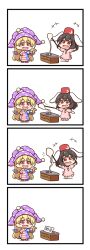 Rule 34 | +++, 2girls, 4koma, absurdres, american flag dress, american flag legwear, animal ears, barefoot, black hair, blonde hair, blush, carrot necklace, chibi, clownpiece, comic, commentary request, dondurma (ice cream), dress, drooling, fairy wings, fez hat, floppy ears, food, full body, hat, highres, ice cream, ice cream cone, inaba tewi, jester cap, jewelry, long hair, looking at another, multiple girls, neck ruff, necklace, open mouth, pink dress, polka dot, polka dot headwear, puffy short sleeves, puffy sleeves, purple headwear, rabbit ears, rabbit girl, red eyes, red headwear, ribbon-trimmed dress, shitacemayo, short hair, short sleeves, silent comic, simple background, smile, standing, star (symbol), star print, touhou, turkey (country), very long hair, white background, wings, you&#039;re doing it wrong