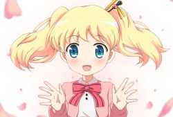 Rule 34 | 1girl, :d, alice cartelet, blonde hair, blue eyes, blush, bow, bowtie, cardigan, collared shirt, commentary, hair ornament, highres, kin-iro mosaic, long hair, looking at viewer, open cardigan, open clothes, open mouth, pink bow, pink bowtie, pink cardigan, revision, shirt, smile, solo, striped bow, striped bowtie, striped clothes, striped neckwear, twintails, white shirt, x-6